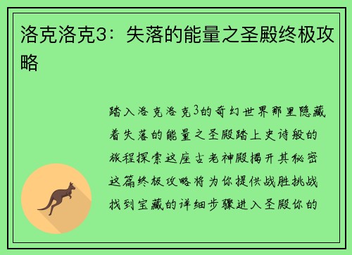 洛克洛克3：失落的能量之圣殿终极攻略